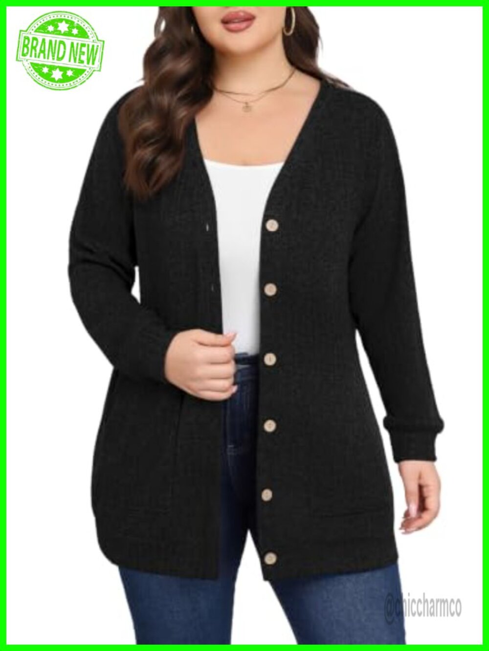 Women's Plus Size Button Up Cardigan with Pockets Long Sleeve V-Neck Sweater